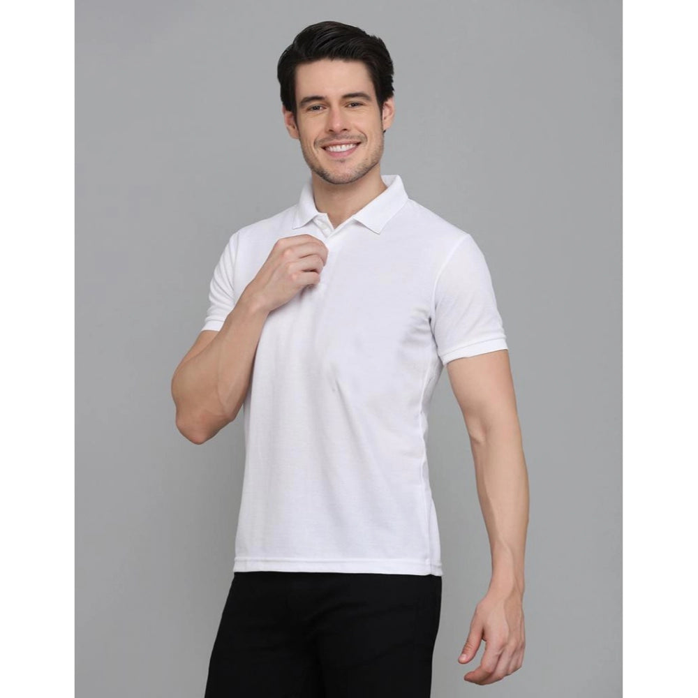 Roneclick Men's Casual Half Sleeve Solid Cotton Blended Polo Neck T-shirt (White)