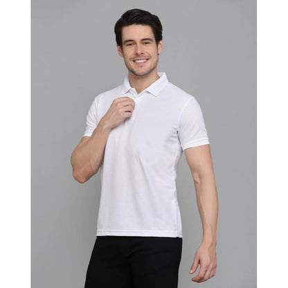 Roneclick Men's Casual Half Sleeve Solid Cotton Blended Polo Neck T-shirt (White)