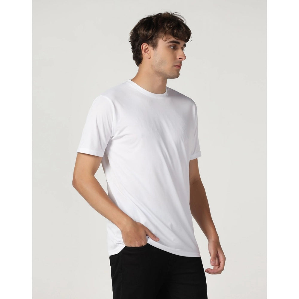 Roneclick Men's Casual Half Sleeve Solid Polyester Round Neck T-shirt (White)