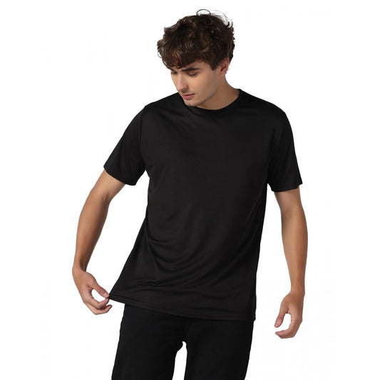 Roneclick Men's Casual Half Sleeve Solid Polyester Round Neck T-shirt (Black)