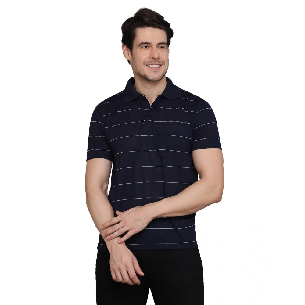 Roneclick Men's Casual Half Sleeve Striped Cotton Blended Polo Neck T-shirt (Navy)