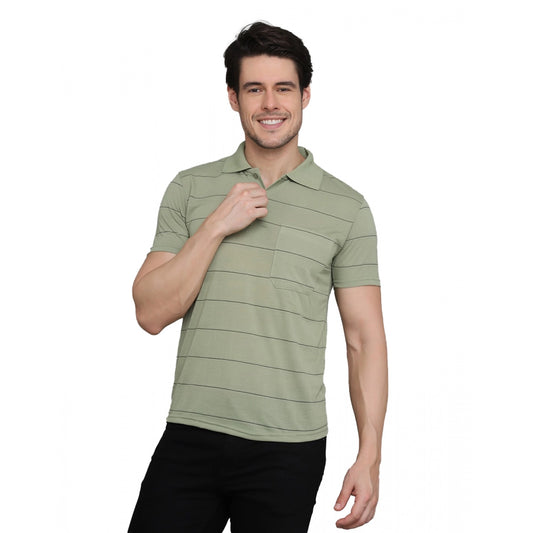 Roneclick Men's Casual Half Sleeve Striped Cotton Blended Polo Neck T-shirt (L.Green)