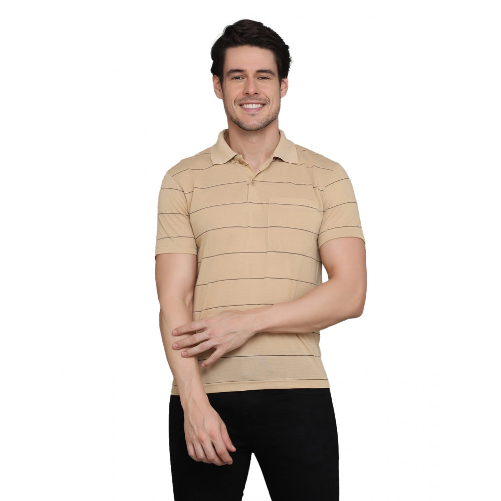 Roneclick Men's Casual Half Sleeve Striped Cotton Blended Polo Neck T-shirt (L.Beige)