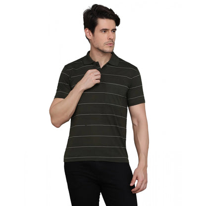 Roneclick Men's Casual Half Sleeve Striped Cotton Blended Polo Neck T-shirt (Green)