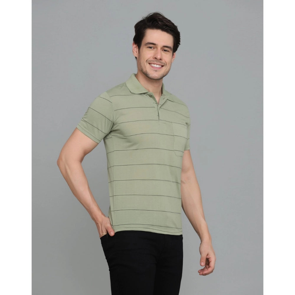 Roneclick Men's Casual Half Sleeve Striped Cotton Blended Polo Neck T-shirt (L.Green)