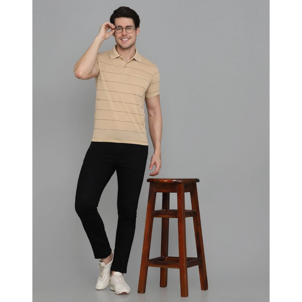 Roneclick Men's Casual Half Sleeve Striped Cotton Blended Polo Neck T-shirt (L.Beige)