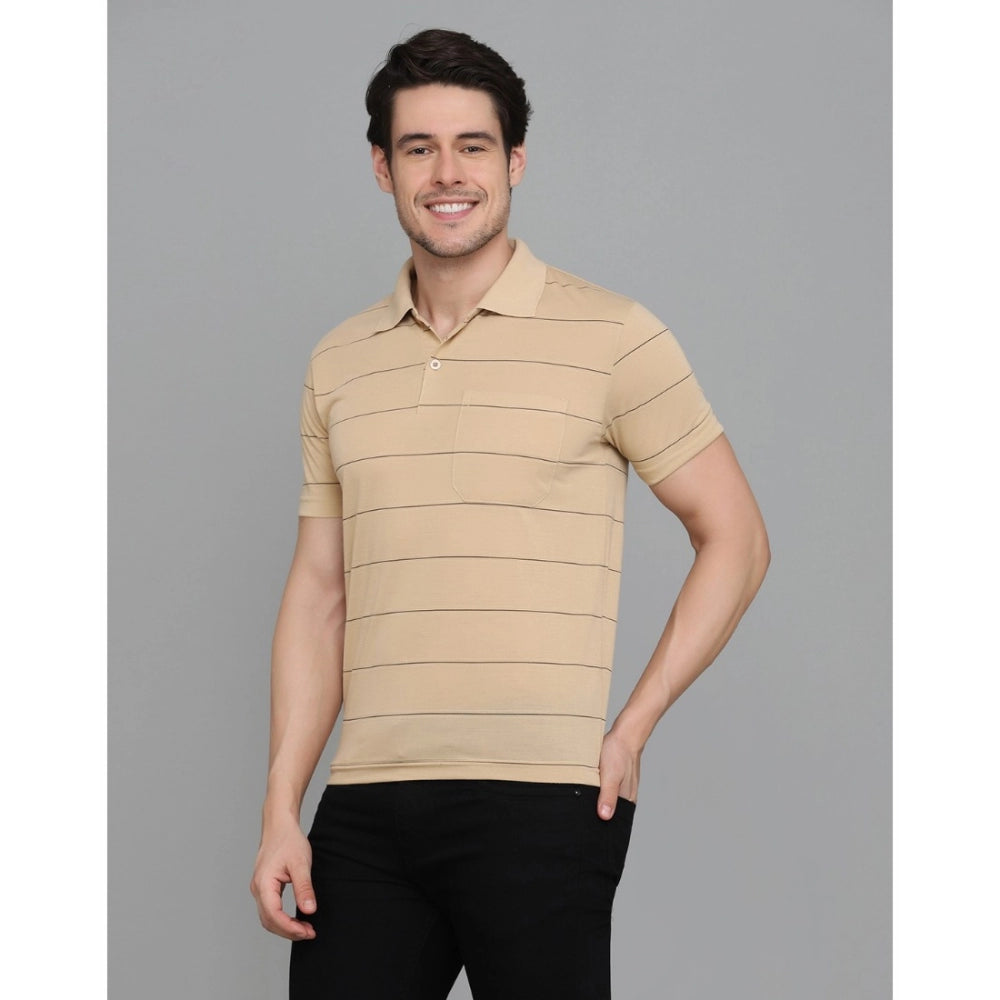 Roneclick Men's Casual Half Sleeve Striped Cotton Blended Polo Neck T-shirt (L.Beige)