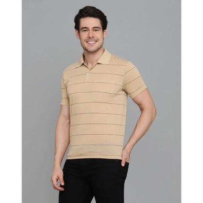 Roneclick Men's Casual Half Sleeve Striped Cotton Blended Polo Neck T-shirt (L.Beige)