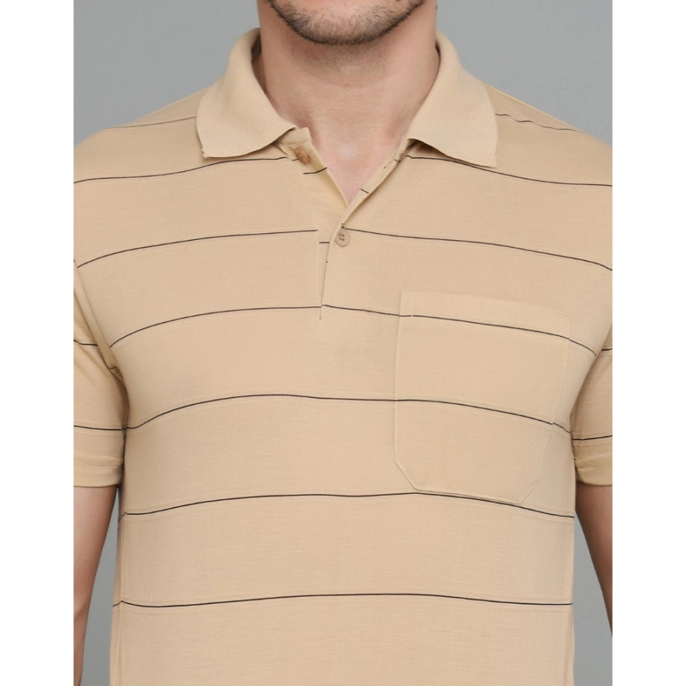 Roneclick Men's Casual Half Sleeve Striped Cotton Blended Polo Neck T-shirt (L.Beige)