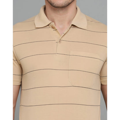 Roneclick Men's Casual Half Sleeve Striped Cotton Blended Polo Neck T-shirt (L.Beige)