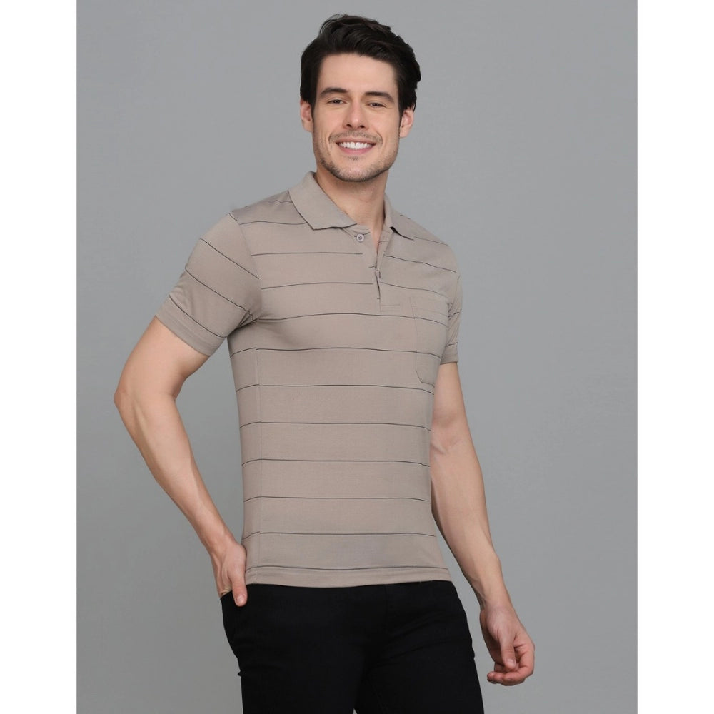 Roneclick Men's Casual Half Sleeve Striped Cotton Blended Polo Neck T-shirt (Beige)