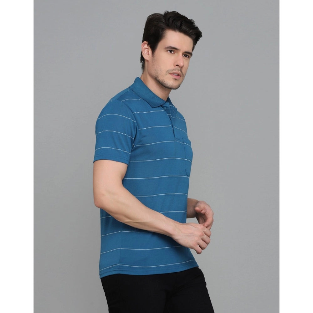 Roneclick Men's Casual Half Sleeve Striped Cotton Blended Polo Neck T-shirt (Teel Blue)