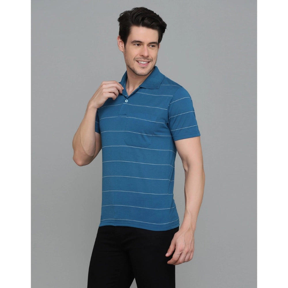 Roneclick Men's Casual Half Sleeve Striped Cotton Blended Polo Neck T-shirt (Teel Blue)