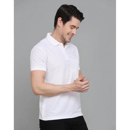 Roneclick Men's Casual Half Sleeve Solid Cotton Blended Polo Neck T-shirt (White)