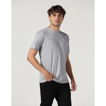 Roneclick Men's Casual Half Sleeve Solid Polyester Round Neck T-shirt (Lgrey)