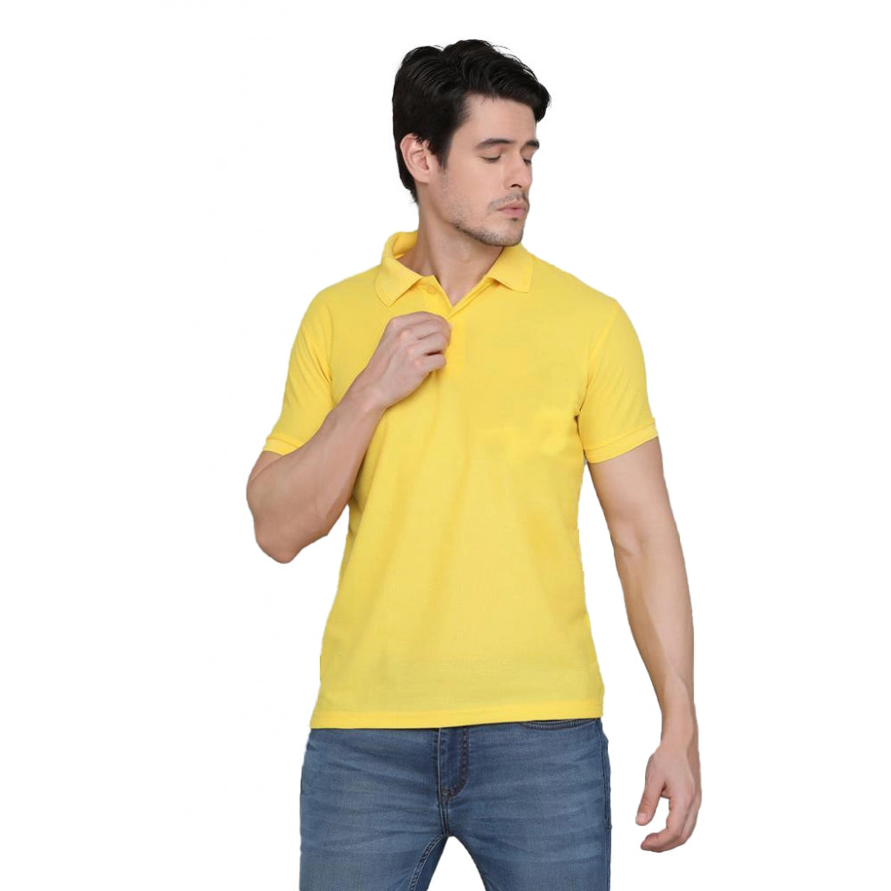 Roneclick Men's Casual Half Sleeve Solid Cotton Blended Polo Neck T-shirt (Yellow)