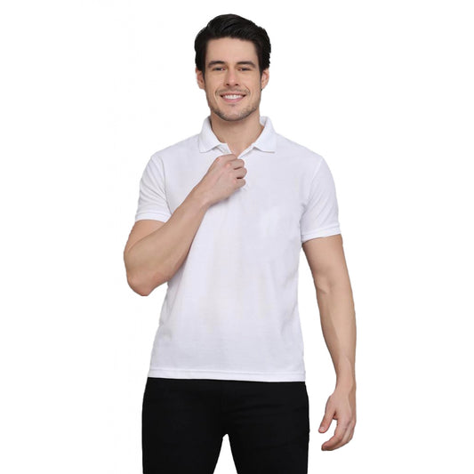 Roneclick Men's Casual Half Sleeve Solid Cotton Blended Polo Neck T-shirt (White)