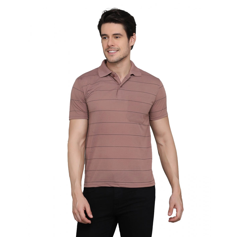 Roneclick Men's Casual Half Sleeve Striped Cotton Blended Polo Neck T-shirt (Pink)