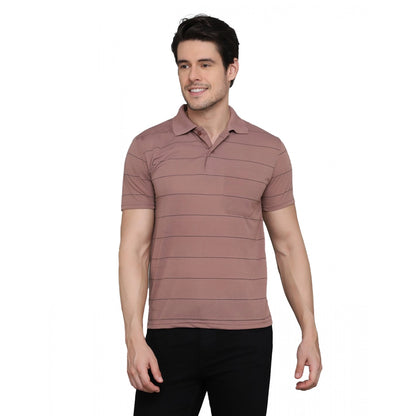 Roneclick Men's Casual Half Sleeve Striped Cotton Blended Polo Neck T-shirt (Pink)