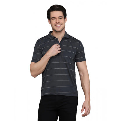 Roneclick Men's Casual Half Sleeve Striped Cotton Blended Polo Neck T-shirt (Grey)