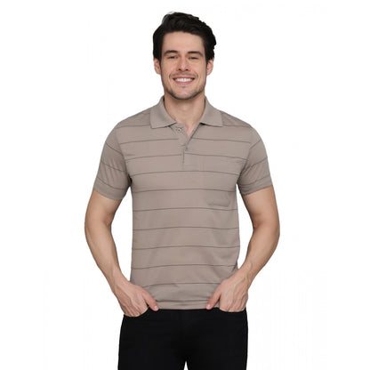 Roneclick Men's Casual Half Sleeve Striped Cotton Blended Polo Neck T-shirt (Beige)