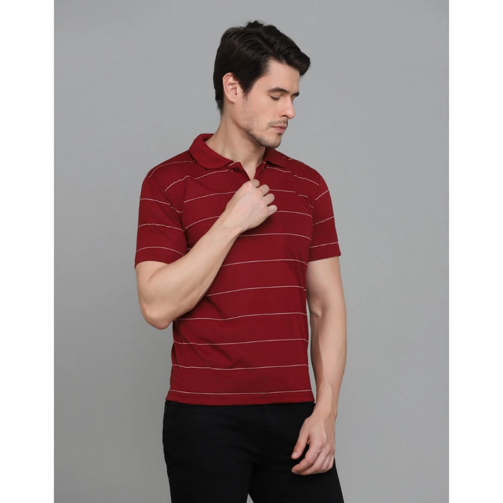 Roneclick Men's Casual Half Sleeve Striped Cotton Blended Polo Neck T-shirt (Maroon)