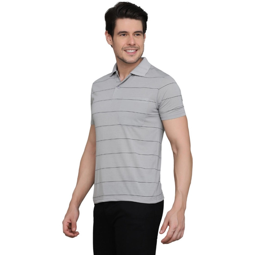 Roneclick Men's Casual Half Sleeve Striped Cotton Blended Polo Neck T-shirt (L.Grey)