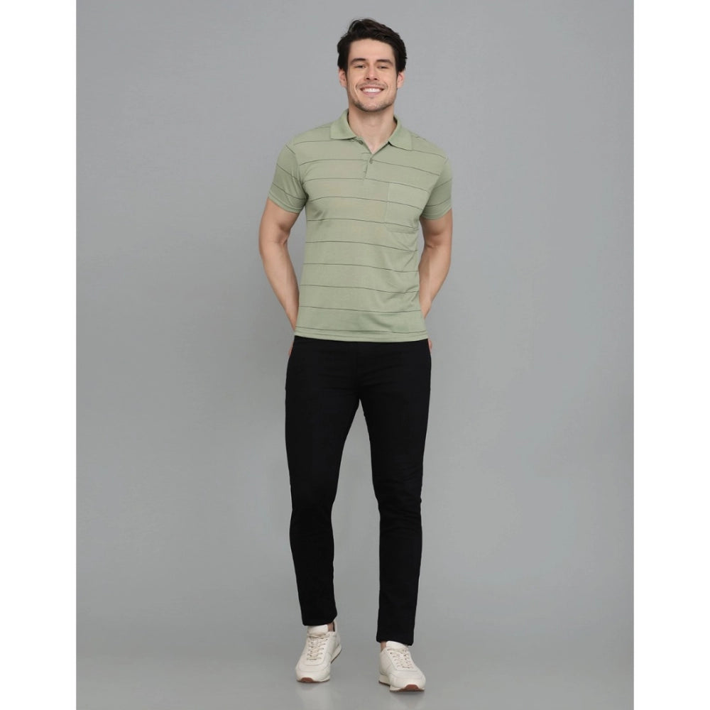 Roneclick Men's Casual Half Sleeve Striped Cotton Blended Polo Neck T-shirt (L.Green)