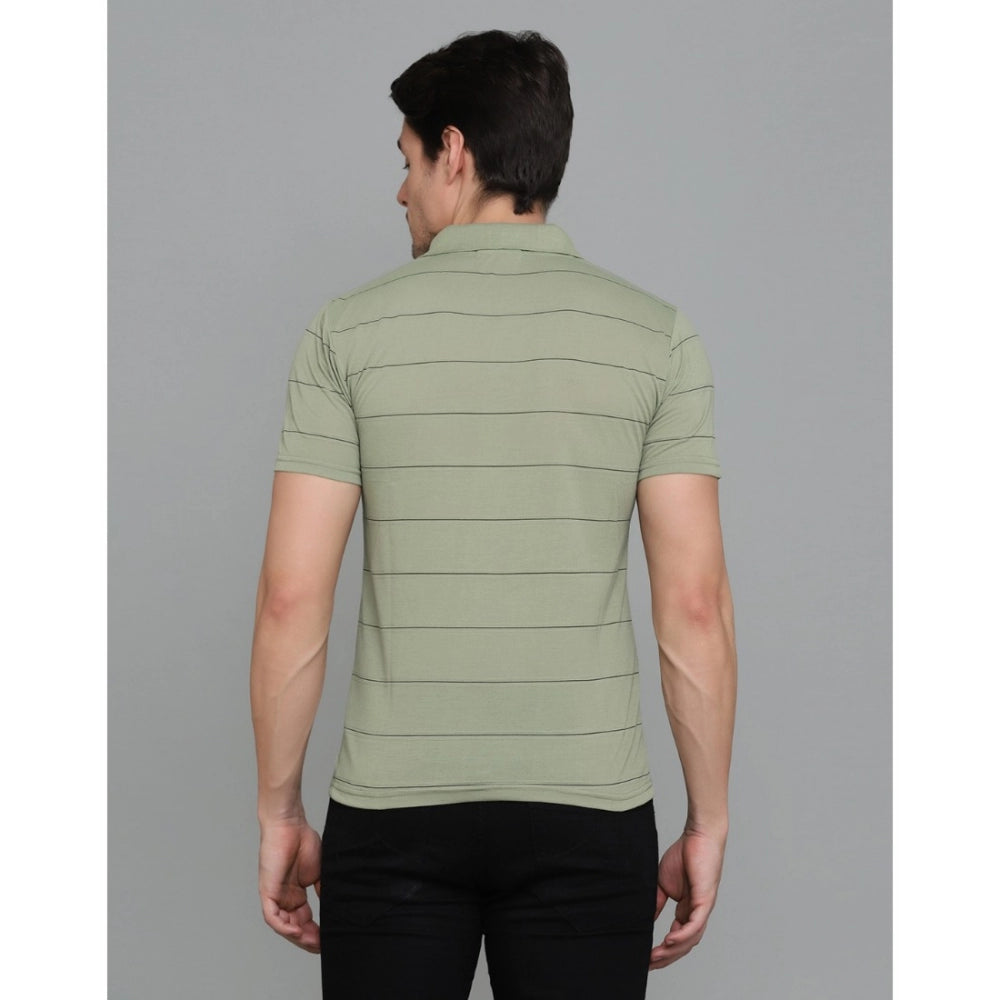 Roneclick Men's Casual Half Sleeve Striped Cotton Blended Polo Neck T-shirt (L.Green)