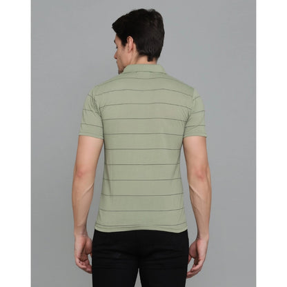 Roneclick Men's Casual Half Sleeve Striped Cotton Blended Polo Neck T-shirt (L.Green)