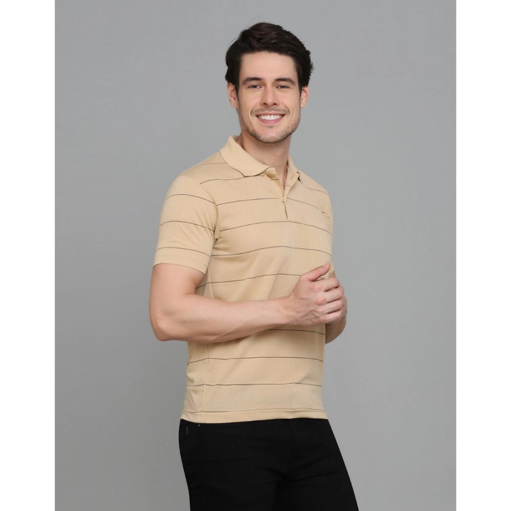 Roneclick Men's Casual Half Sleeve Striped Cotton Blended Polo Neck T-shirt (L.Beige)