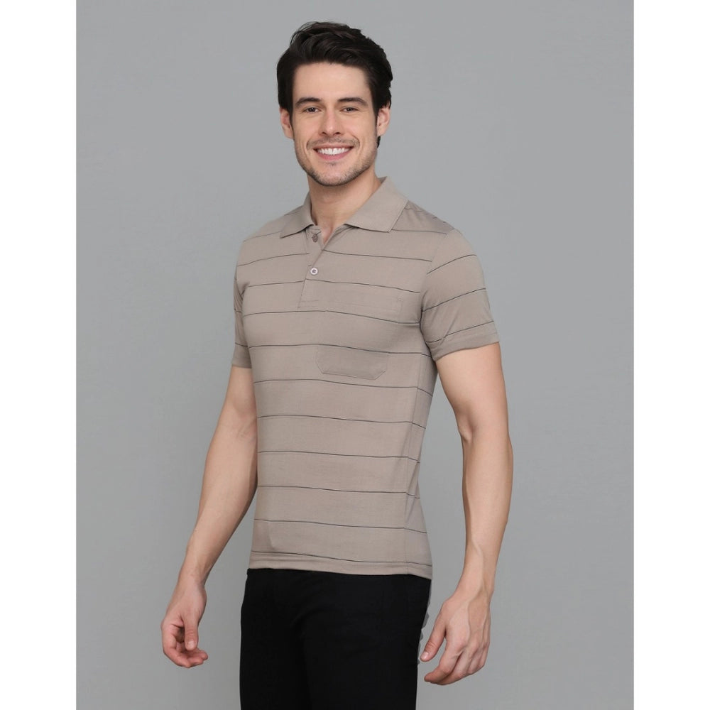 Roneclick Men's Casual Half Sleeve Striped Cotton Blended Polo Neck T-shirt (Beige)