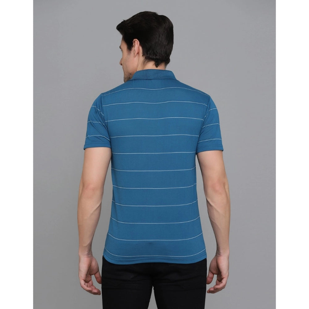 Roneclick Men's Casual Half Sleeve Striped Cotton Blended Polo Neck T-shirt (Teel Blue)