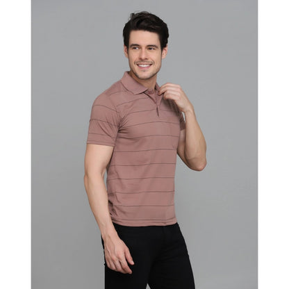 Roneclick Men's Casual Half Sleeve Striped Cotton Blended Polo Neck T-shirt (Pink)