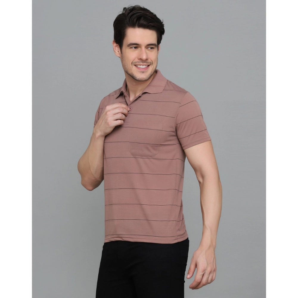 Roneclick Men's Casual Half Sleeve Striped Cotton Blended Polo Neck T-shirt (Pink)