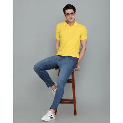 Roneclick Men's Casual Half Sleeve Solid Cotton Blended Polo Neck T-shirt (Yellow)