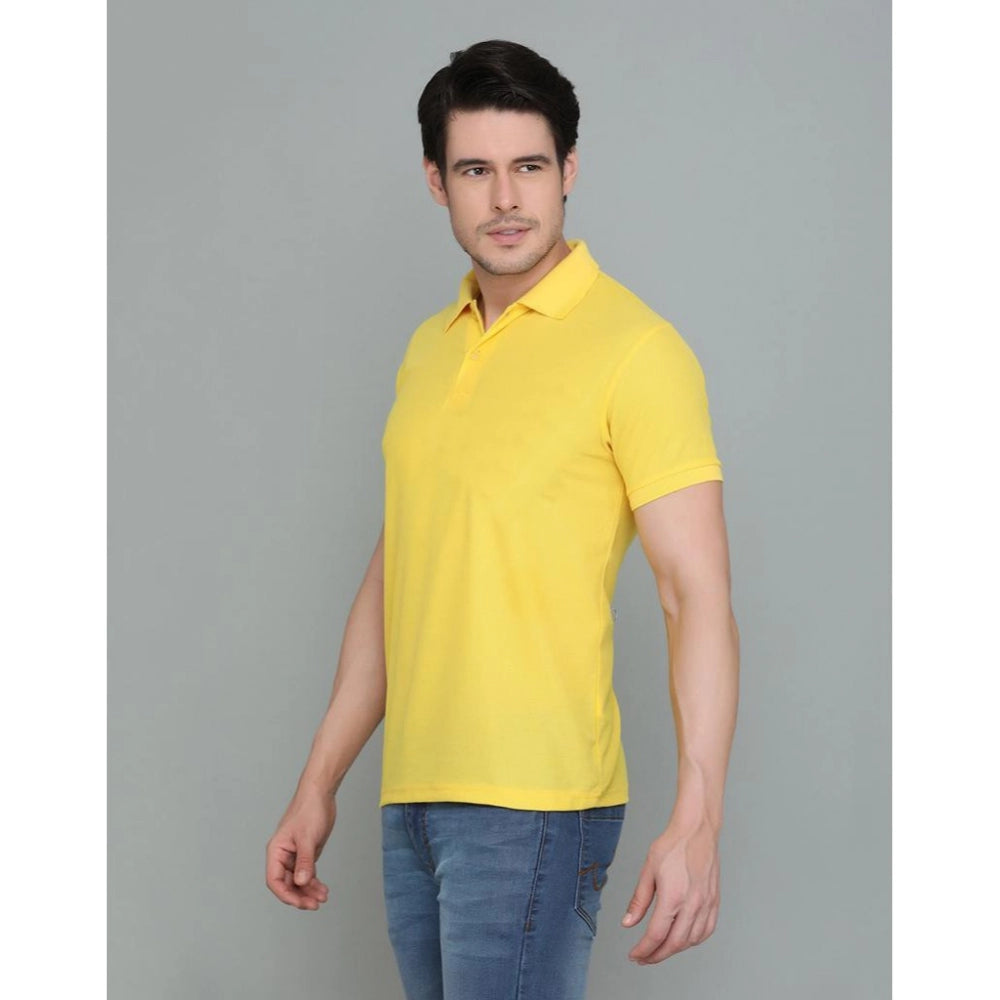 Roneclick Men's Casual Half Sleeve Solid Cotton Blended Polo Neck T-shirt (Yellow)