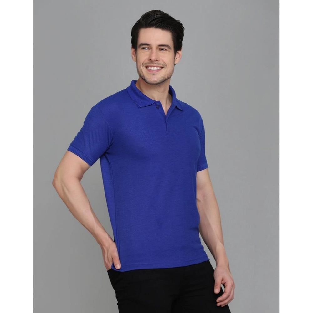 Roneclick Men's Casual Half Sleeve Solid Cotton Blended Polo Neck T-shirt (Blue)