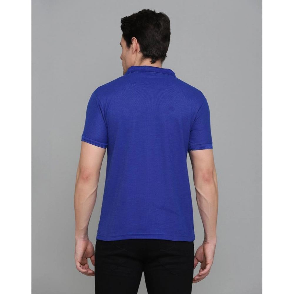 Roneclick Men's Casual Half Sleeve Solid Cotton Blended Polo Neck T-shirt (Blue)