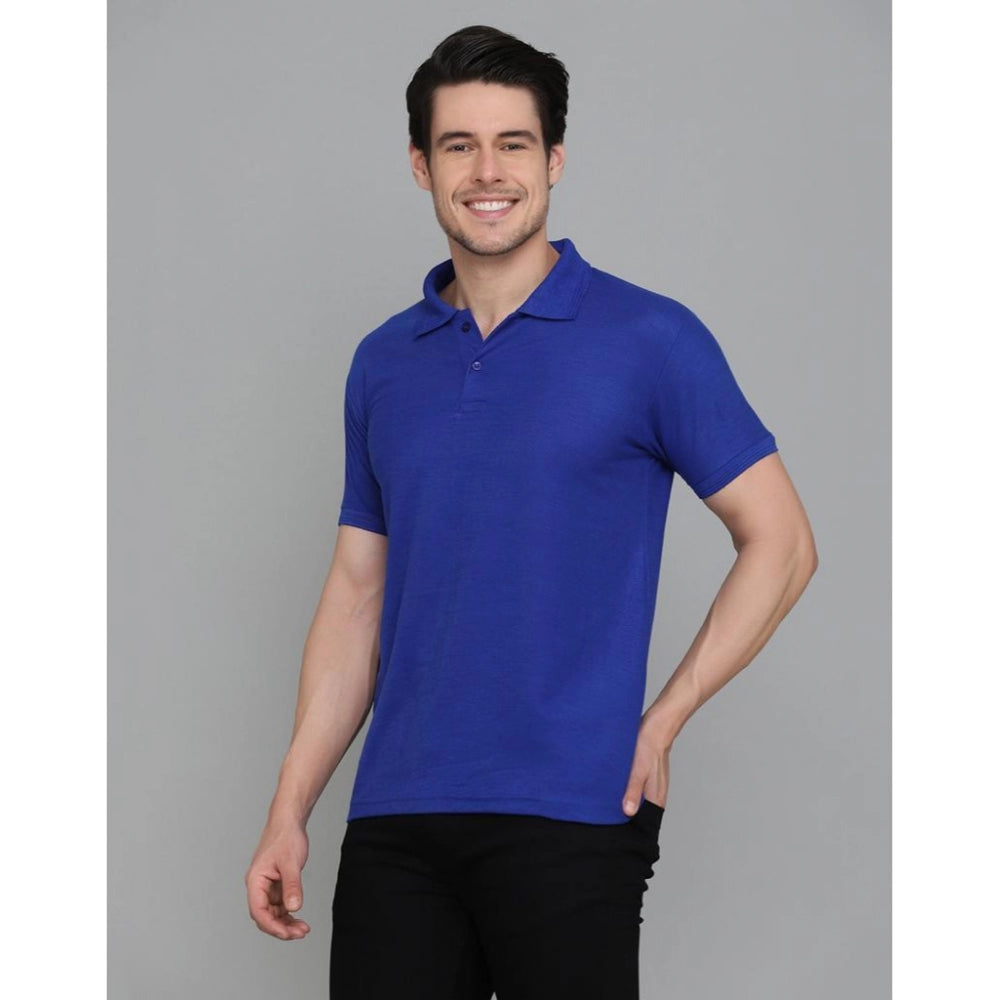 Roneclick Men's Casual Half Sleeve Solid Cotton Blended Polo Neck T-shirt (Blue)