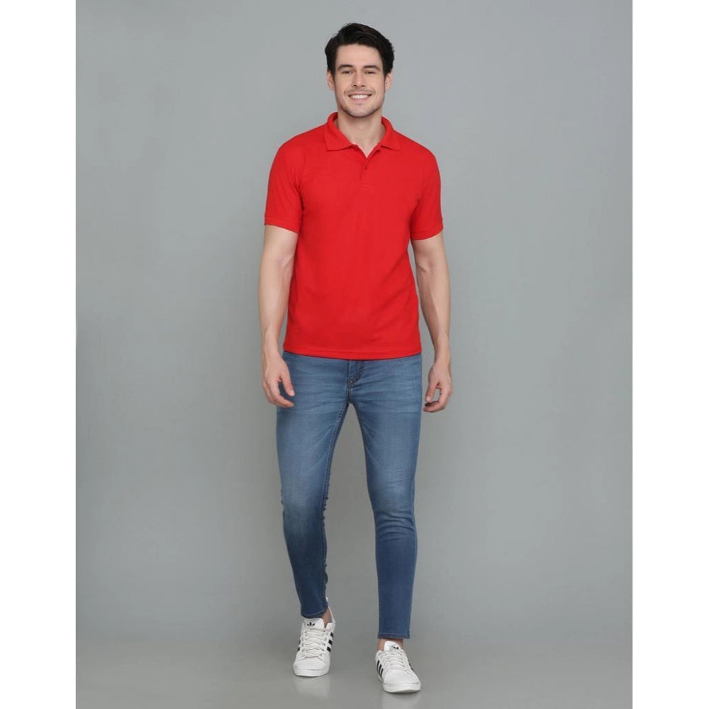 Roneclick Men's Casual Half Sleeve Solid Cotton Blended Polo Neck T-shirt (Red)