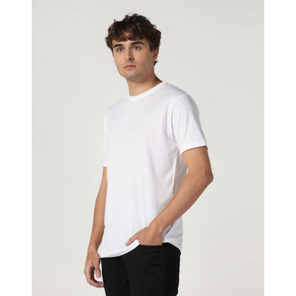 Roneclick Men's Casual Half Sleeve Solid Polyester Round Neck T-shirt (White)