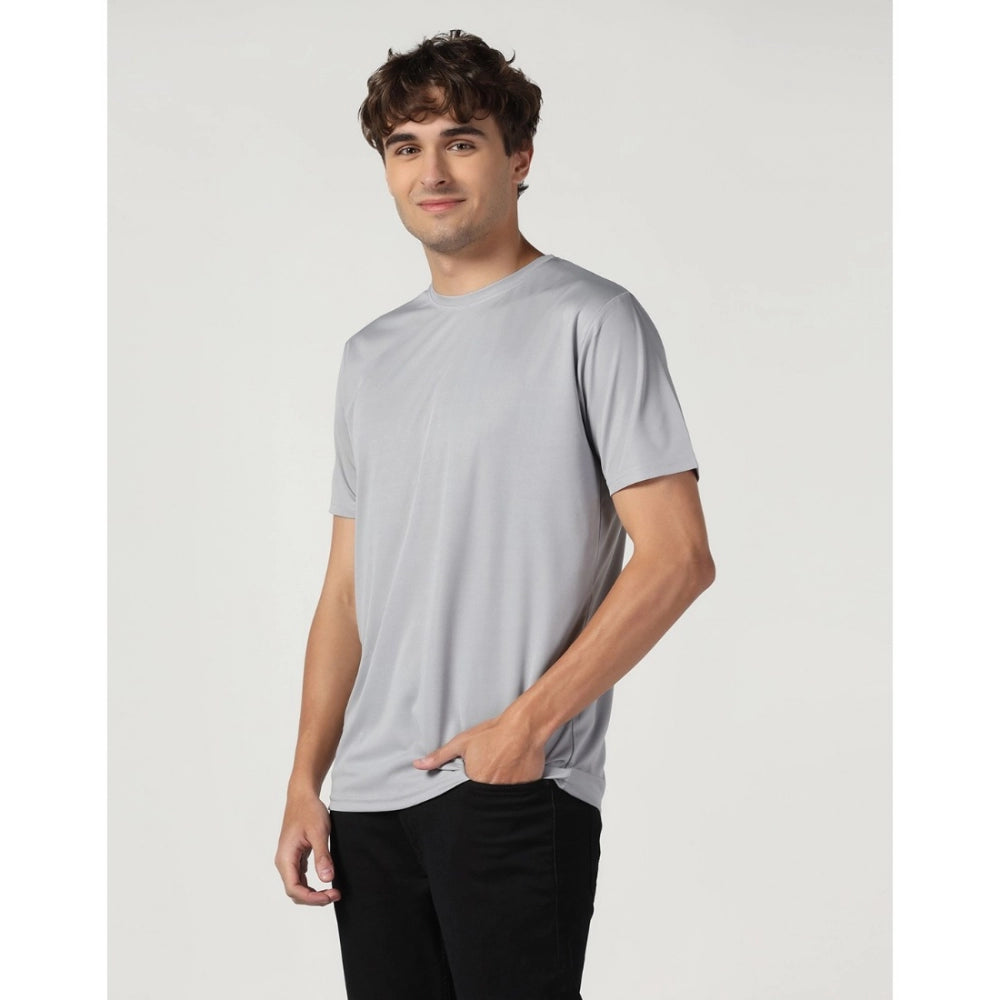 Roneclick Men's Casual Half Sleeve Solid Polyester Round Neck T-shirt (Lgrey)