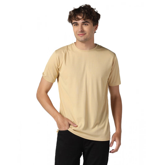 Roneclick Men's Casual Half Sleeve Solid Polyester Round Neck T-shirt (Beige)