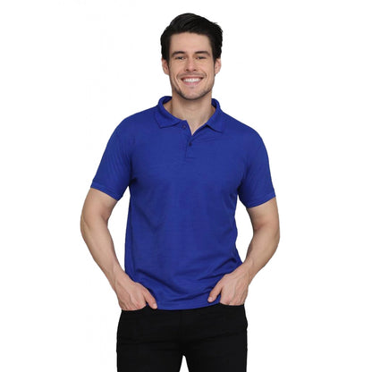 Roneclick Men's Casual Half Sleeve Solid Cotton Blended Polo Neck T-shirt (Blue)