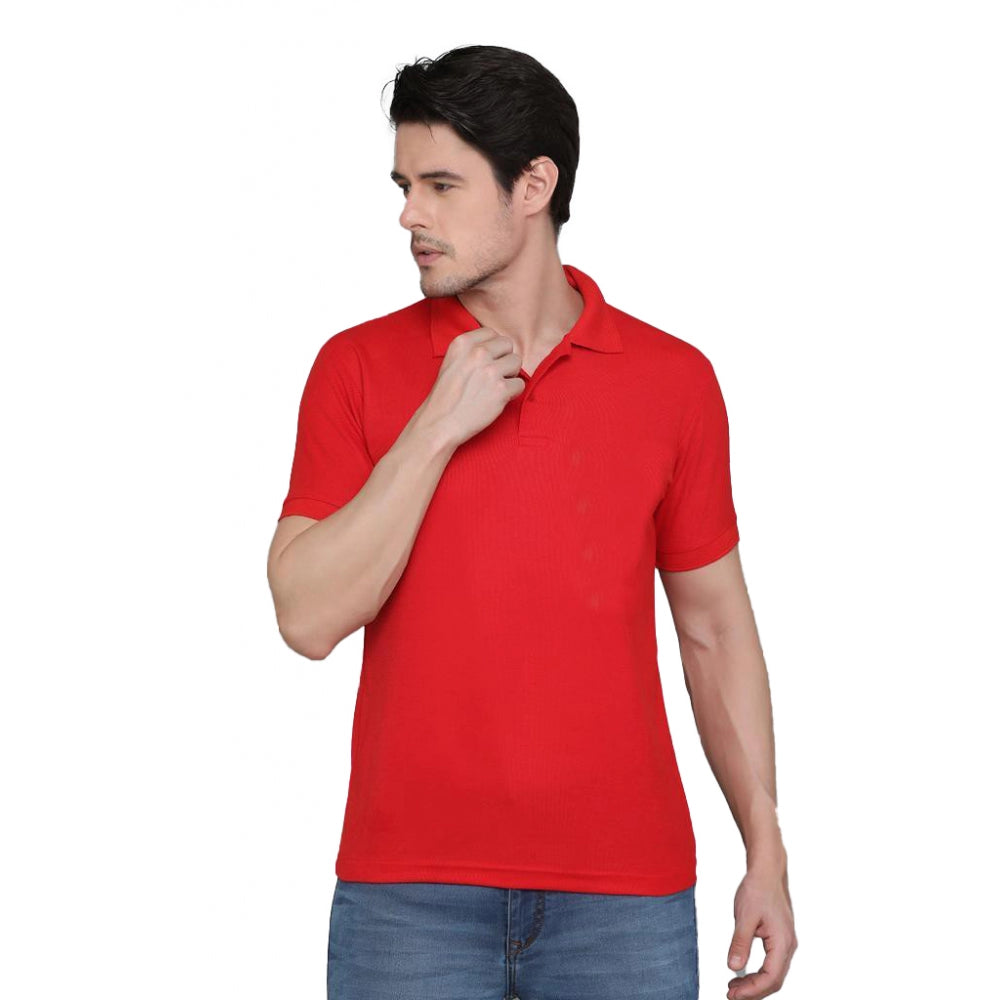 Roneclick Men's Casual Half Sleeve Solid Cotton Blended Polo Neck T-shirt (Red)