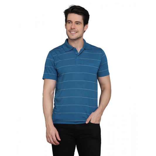 Roneclick Men's Casual Half Sleeve Striped Cotton Blended Polo Neck T-shirt (Teel Blue)