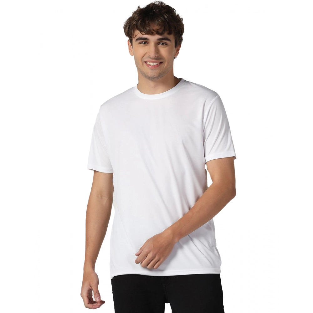 Roneclick Men's Casual Half Sleeve Solid Polyester Round Neck T-shirt (White)