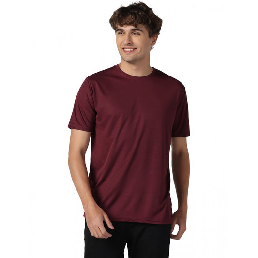 Roneclick Men's Casual Half Sleeve Solid Polyester Round Neck T-shirt (Maron)