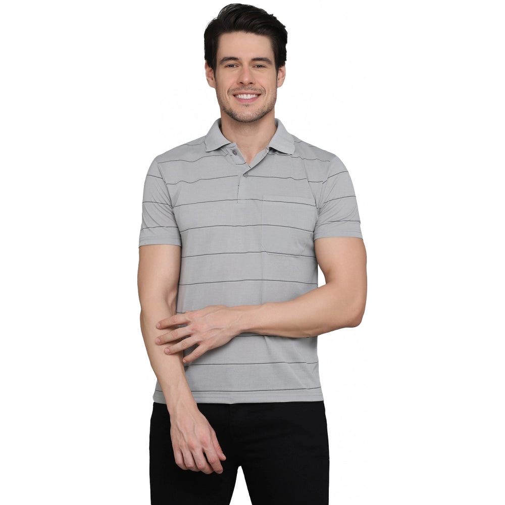 Roneclick Men's Casual Half Sleeve Striped Cotton Blended Polo Neck T-shirt (L.Grey)